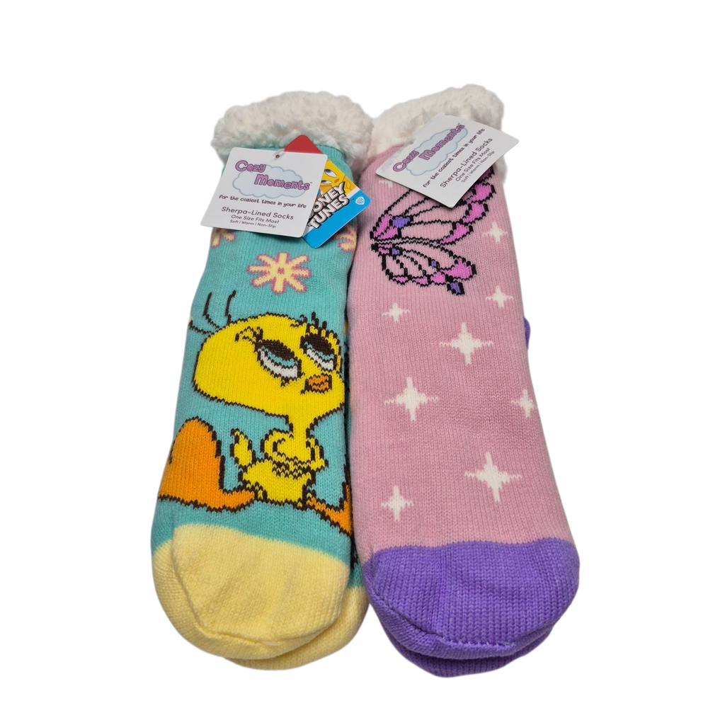 New Cozy Moments Socks Two Pair Women's Sherpa Lined Non Slip Cartoon Butterfly